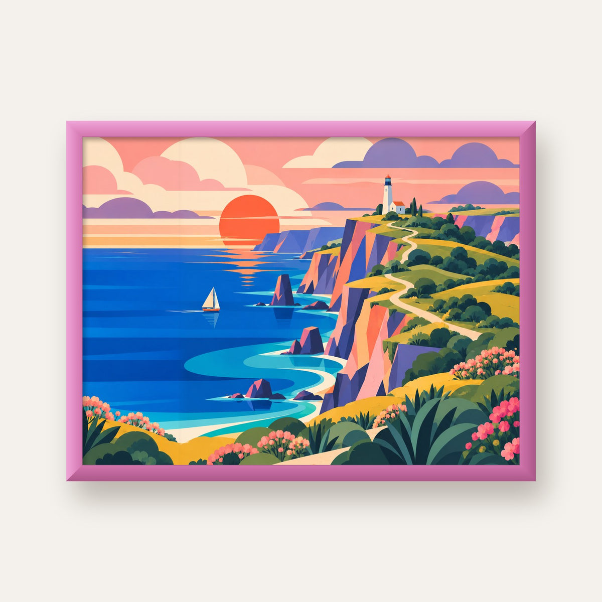 Deniz Fenerli Kıyı — pembe çerçeveli