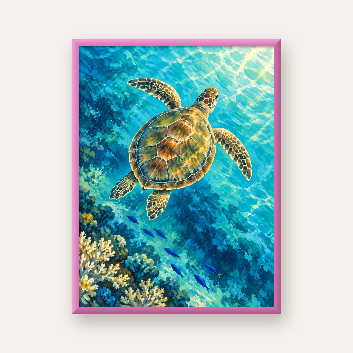 Deniz Kaplumbağası ve Mercan Resifi Sanat Poster Baskısı — pembe çerçeveli
