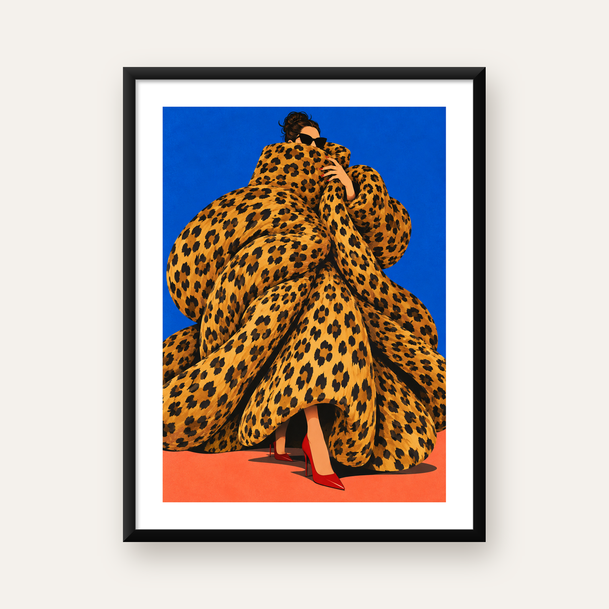 Leopar Desenli Moda Kadın İllüstrasyon Sanat Posteri — Dikey baskı, beyaz kenar boşluklu