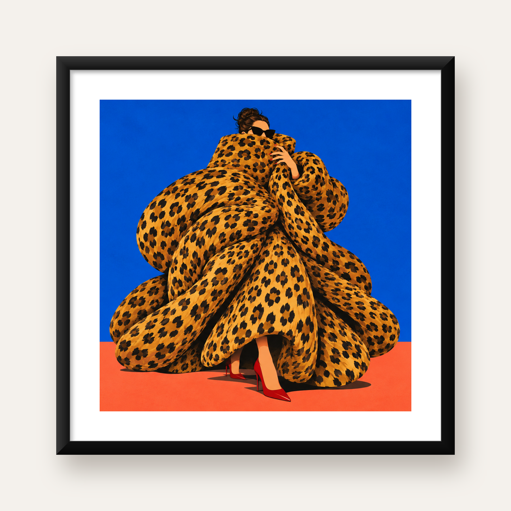 Leopar Desenli Moda Kadın İllüstrasyon Sanat Posteri — Kare baskı, beyaz kenar boşluklu
