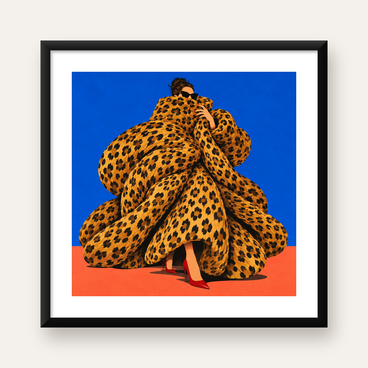 Leopar Desenli Moda Kadın İllüstrasyon Sanat Posteri — Kare baskı, beyaz kenar boşluklu