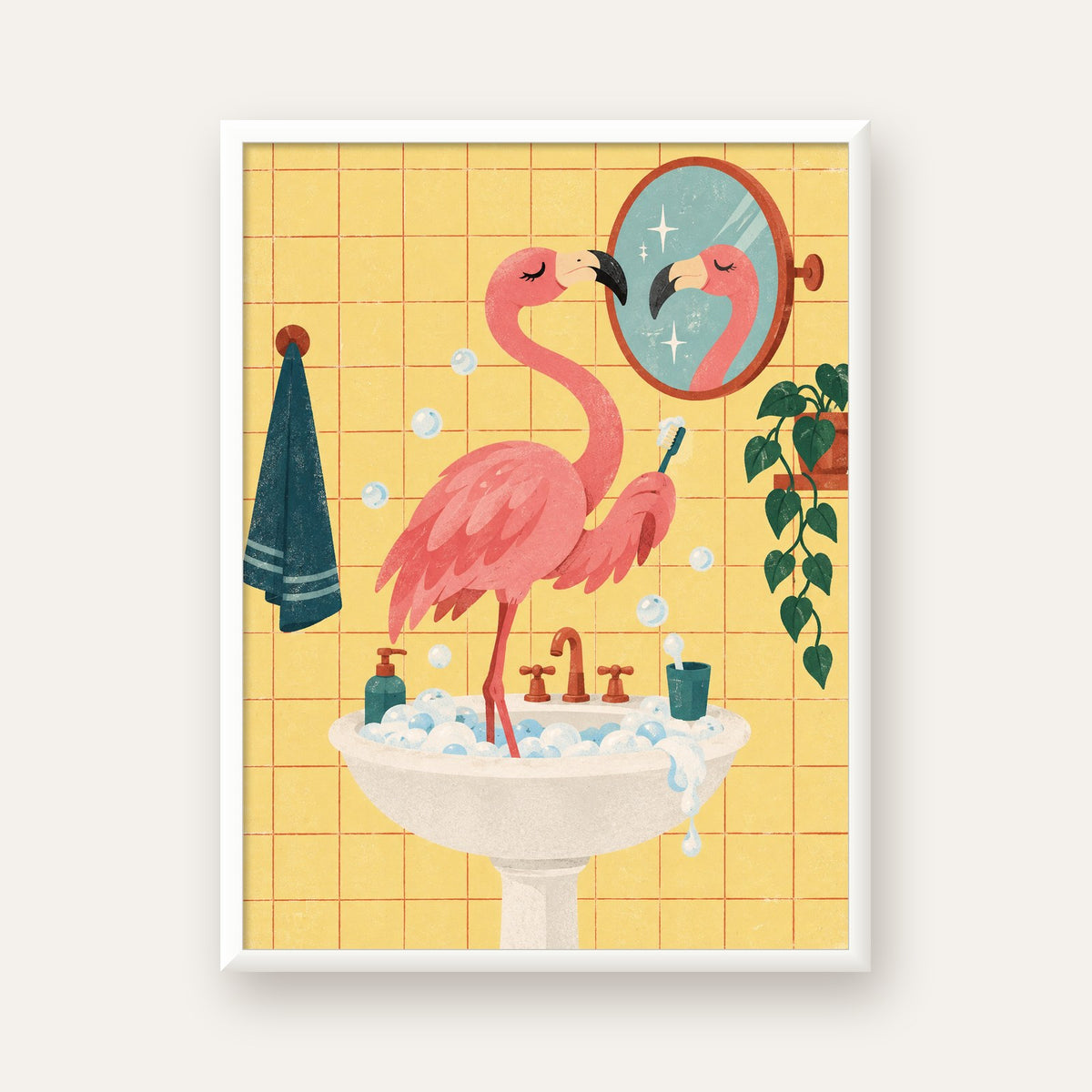 Diş Fırçalayan Flamingo - Mizahi Dijital Poster Baskı — beyaz çerçeveli dikey poster