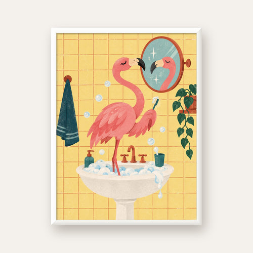 Diş Fırçalayan Flamingo - Mizahi Dijital Poster Baskı — beyaz çerçeveli dikey poster