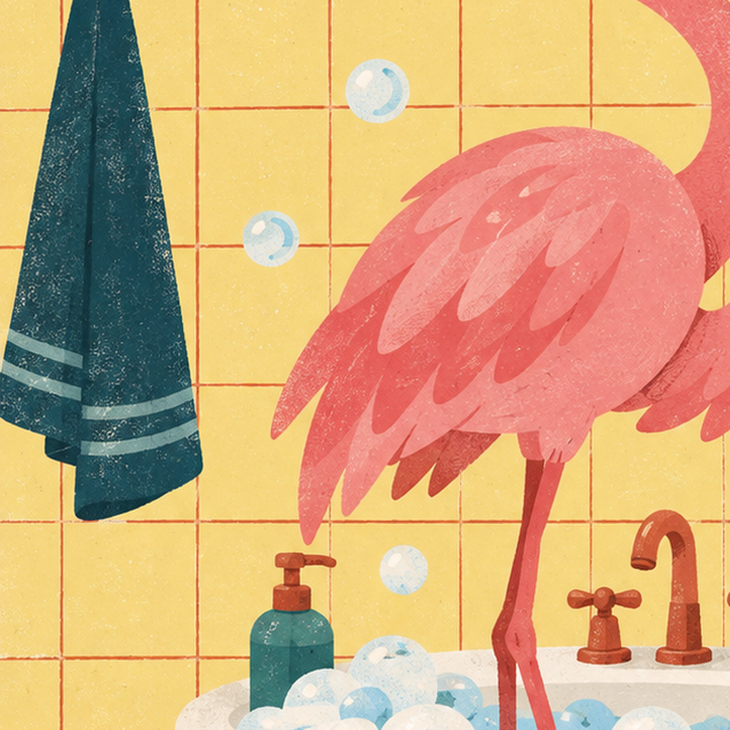 Diş Fırçalayan Flamingo - Mizahi Dijital Poster Baskı — baskının yakın çekimi, kâğıt dokusu ve renk detayı