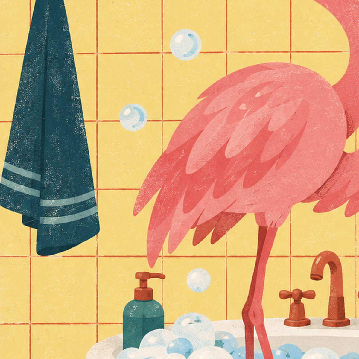 Diş Fırçalayan Flamingo - Mizahi Dijital Poster Baskı — baskının yakın çekimi, kâğıt dokusu ve renk detayı