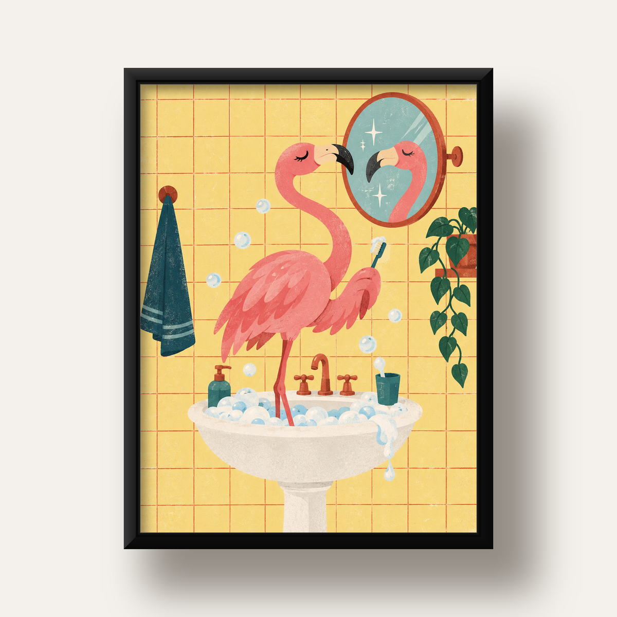 Diş Fırçalayan Flamingo - Mizahi Dijital Poster Baskı — siyah derin çerçeveli