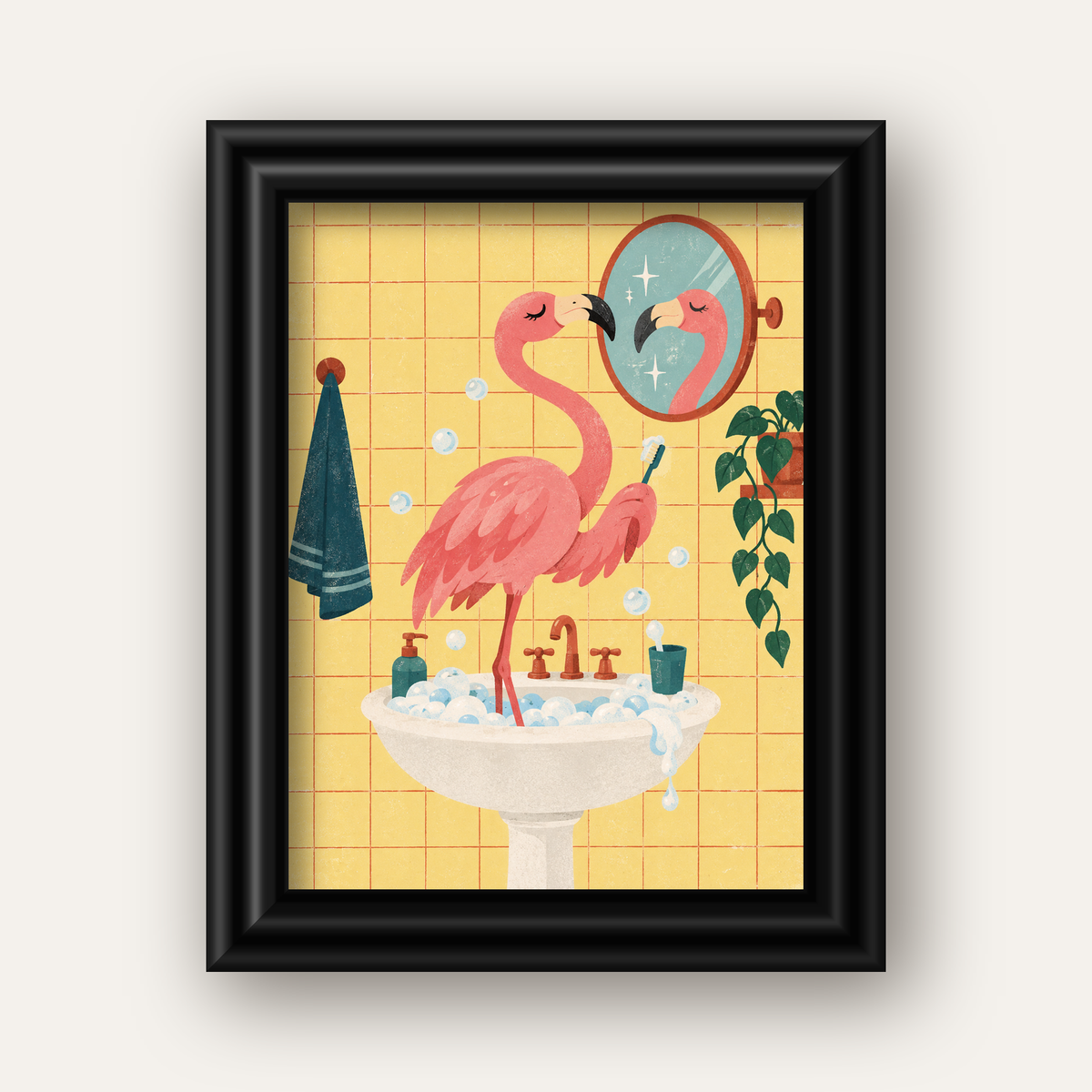Diş Fırçalayan Flamingo - Mizahi Dijital Poster Baskı — siyah galeri çerçeveli