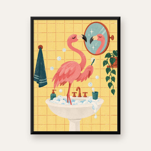 Diş Fırçalayan Flamingo - Mizahi Dijital Poster Baskı — Dikey baskı, düz siyah çerçeveli duvar posteri