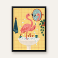 Diş Fırçalayan Flamingo - Mizahi Dijital Poster Baskı — Dikey baskı, düz siyah çerçeveli duvar posteri