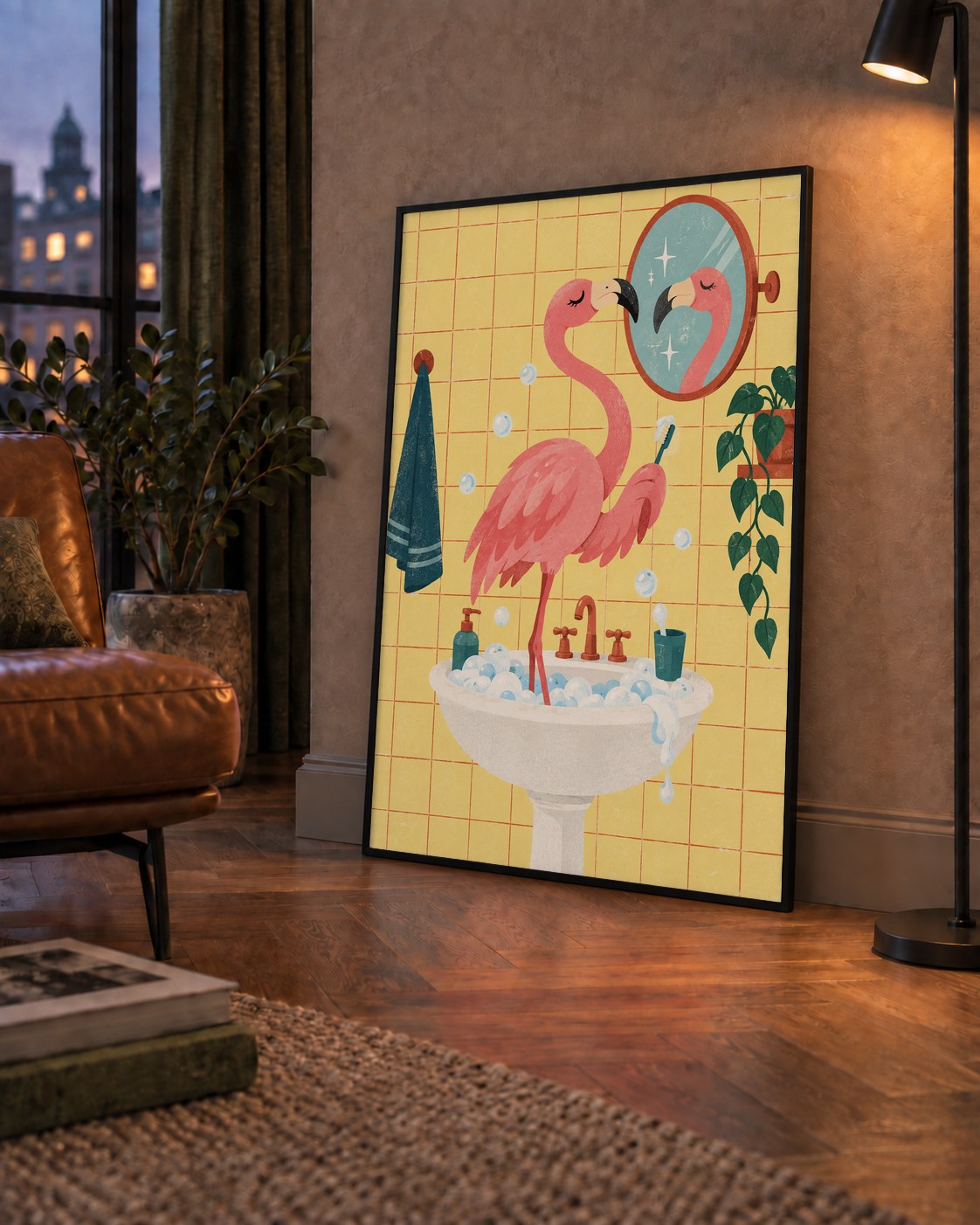 Diş Fırçalayan Flamingo - Mizahi Dijital Poster Baskı — çerçeveli hâliyle bir ev duvarında