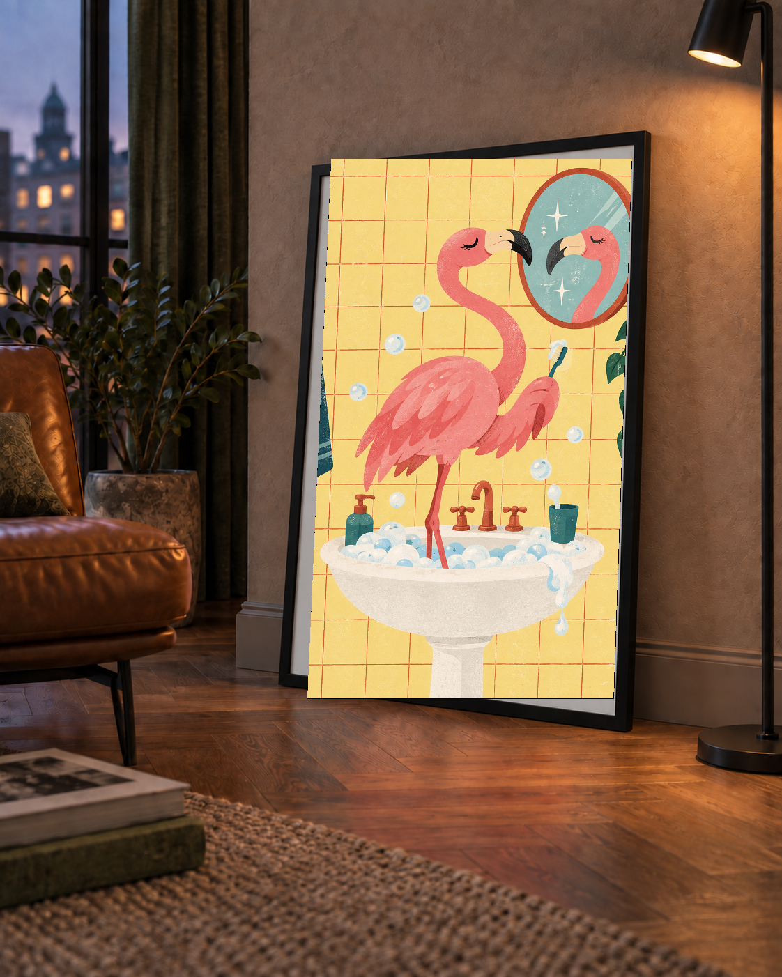 Diş Fırçalayan Flamingo - Mizahi Dijital Poster Baskı