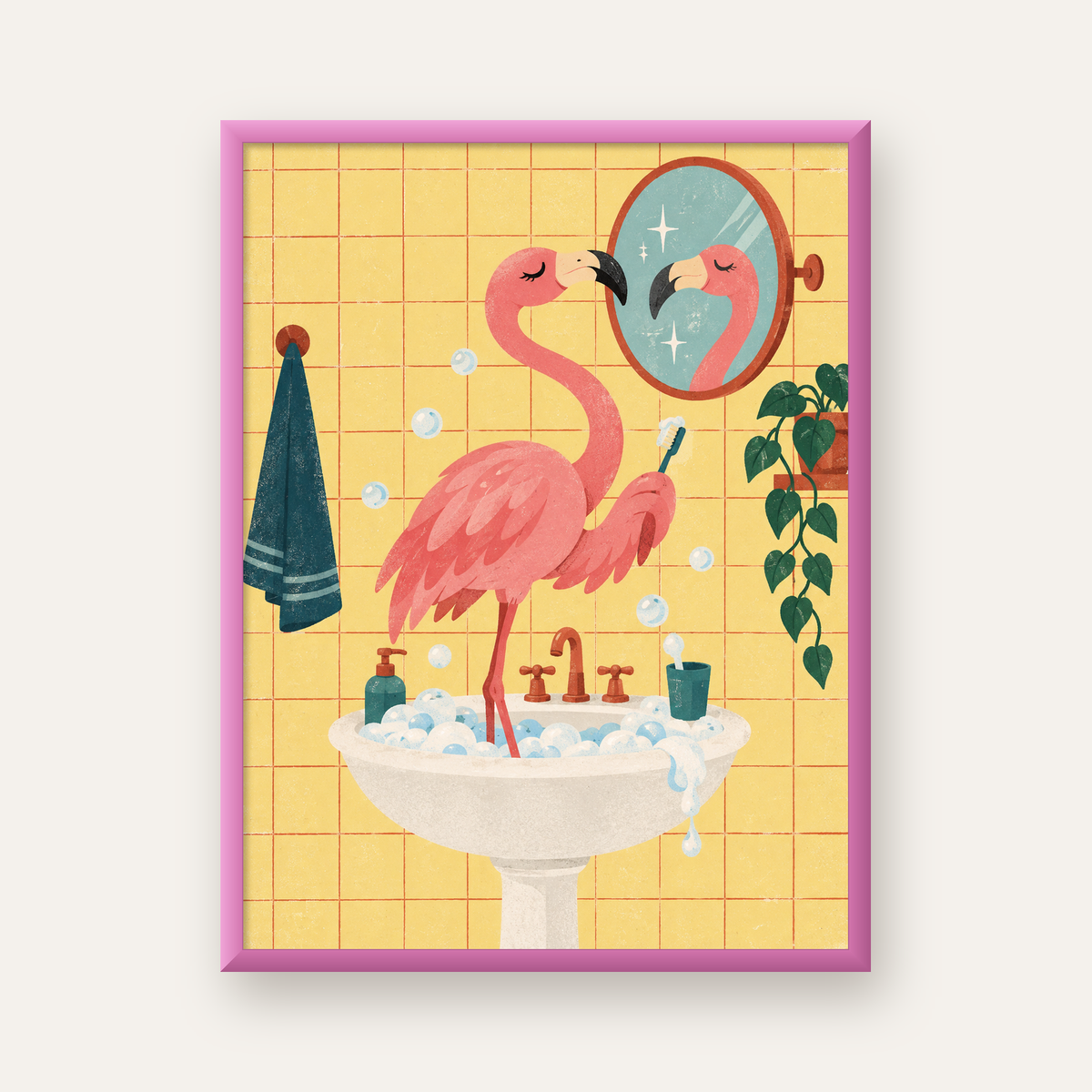 Diş Fırçalayan Flamingo - Mizahi Dijital Poster Baskı — pembe çerçeveli