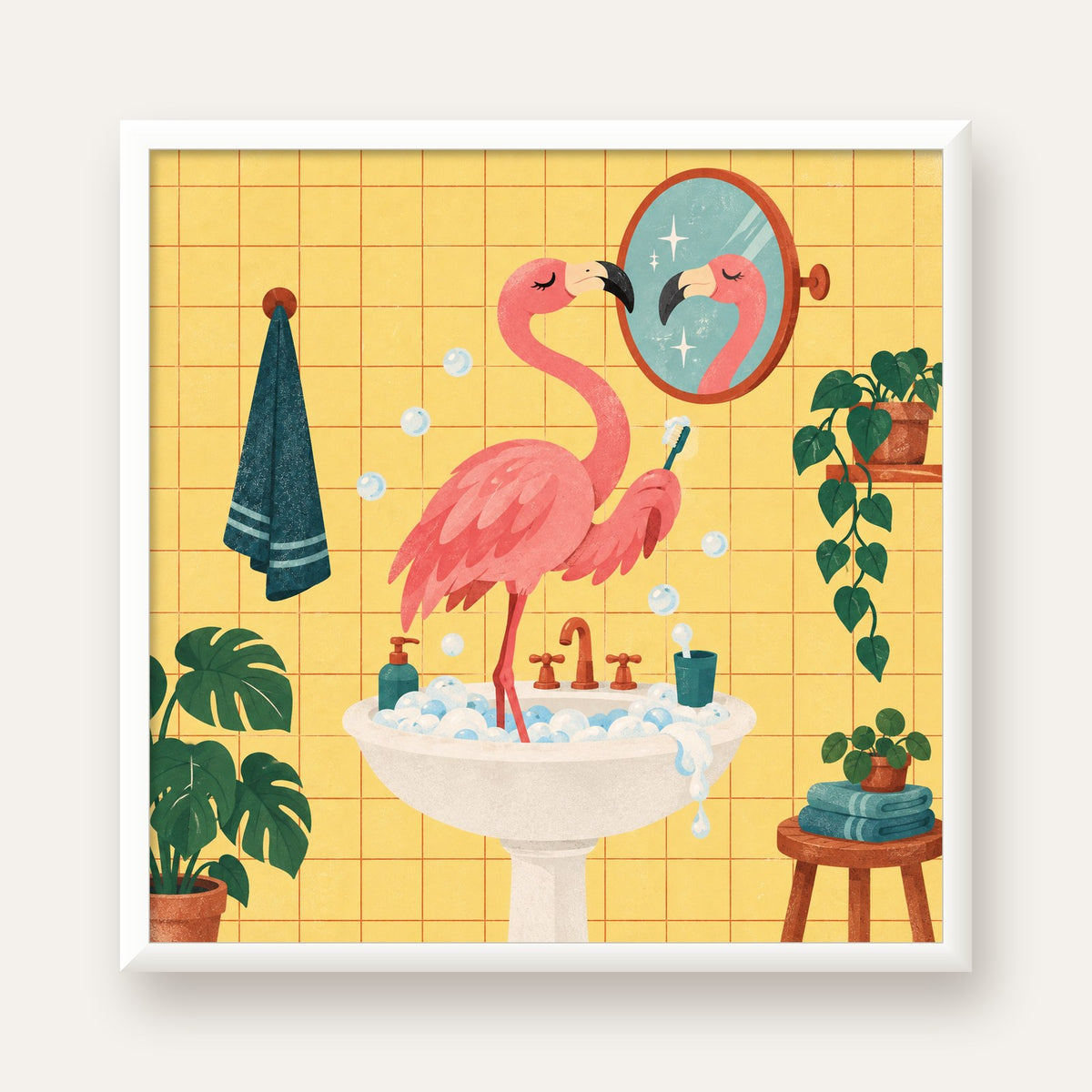 Diş Fırçalayan Flamingo - Mizahi Dijital Poster Baskı — beyaz çerçeveli kare poster