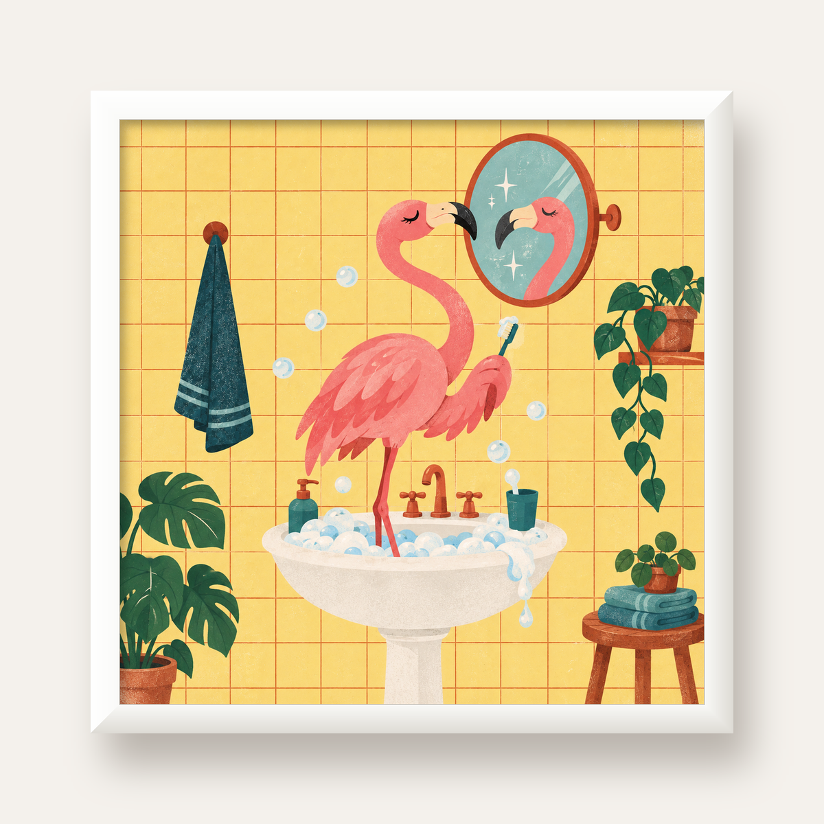 Diş Fırçalayan Flamingo - Mizahi Dijital Poster Baskı — beyaz çerçeveli kare poster