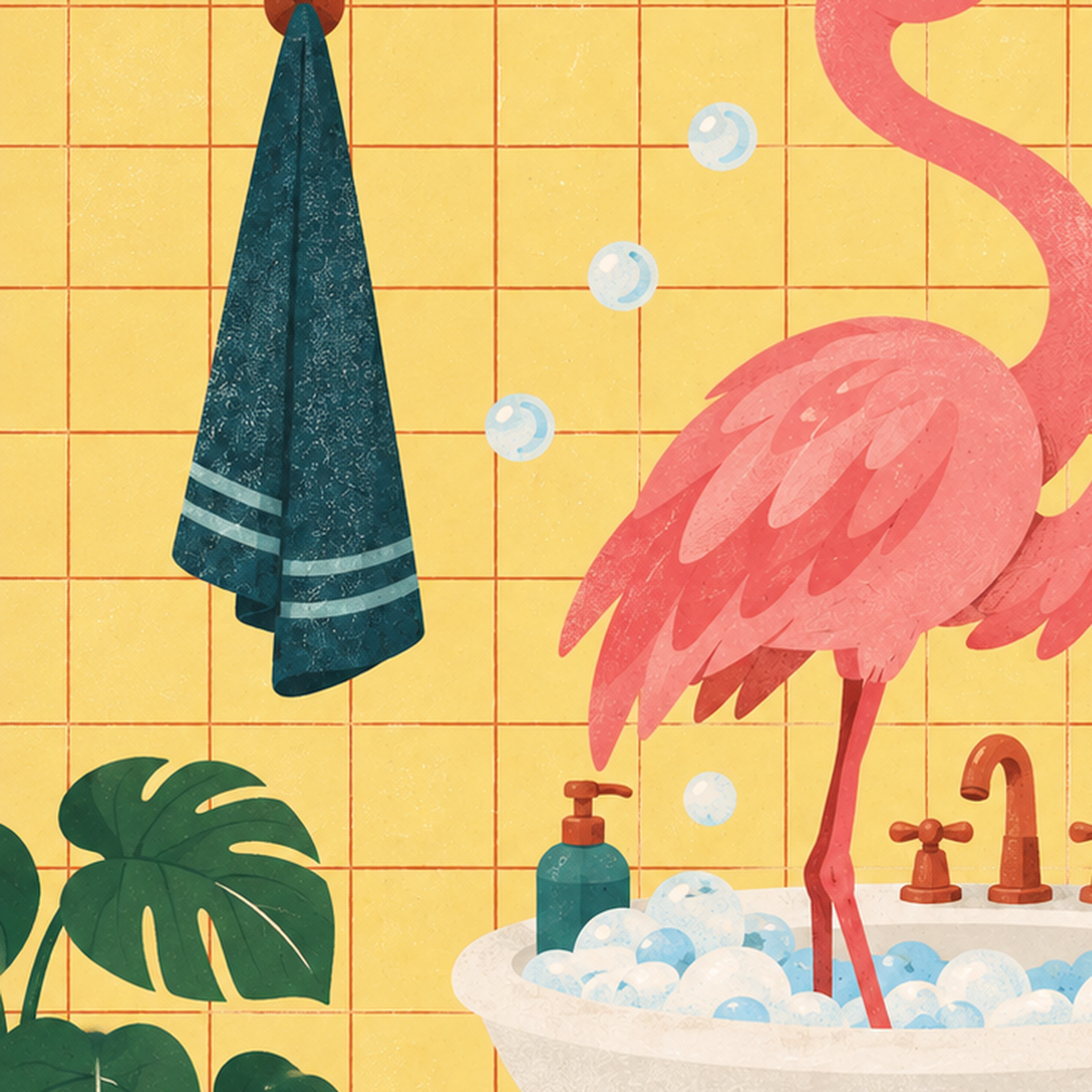 Diş Fırçalayan Flamingo - Mizahi Dijital Poster Baskı — baskının yakın çekimi, kâğıt dokusu ve renk detayı