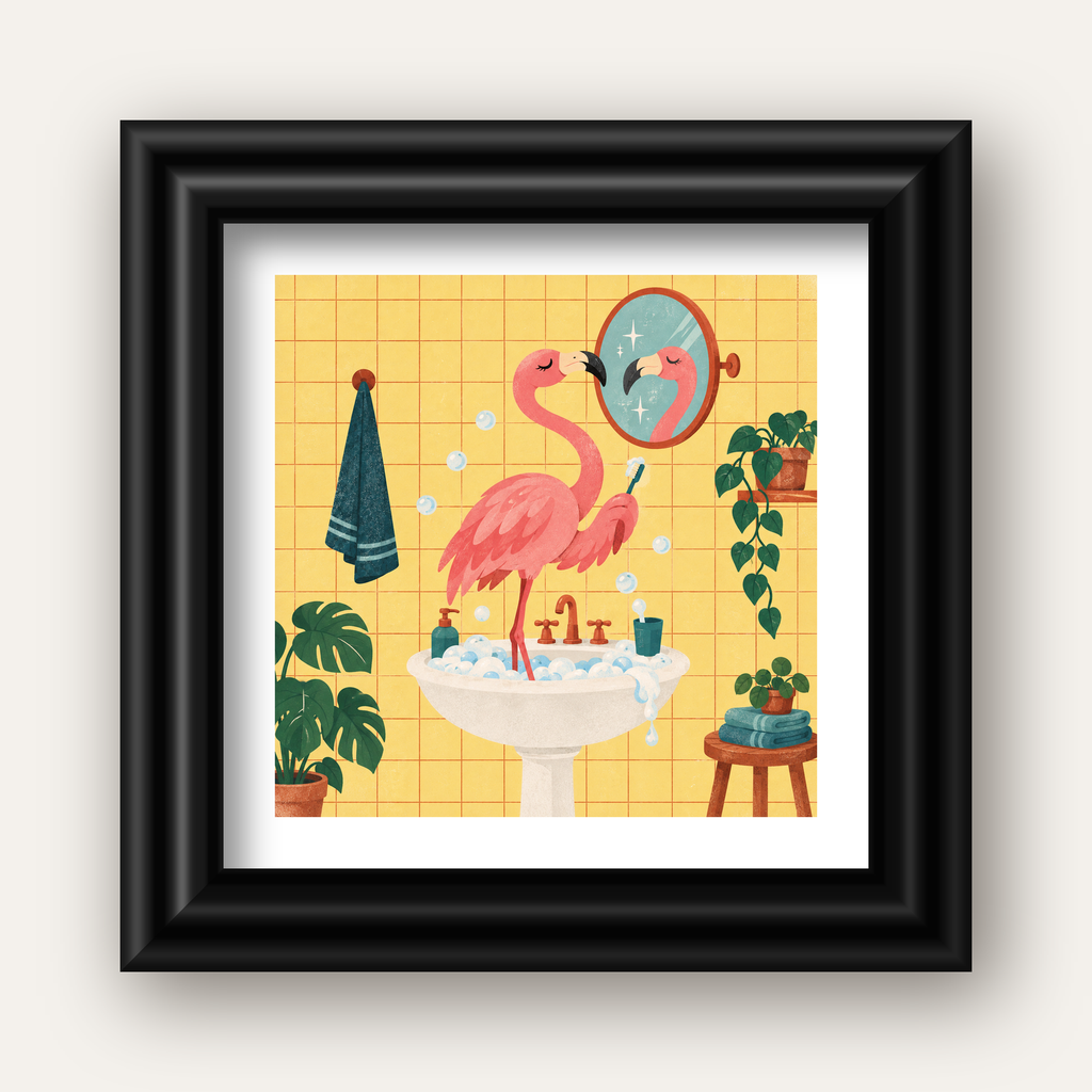 Diş Fırçalayan Flamingo - Mizahi Dijital Poster Baskı — siyah galeri çerçeveli paspartulu