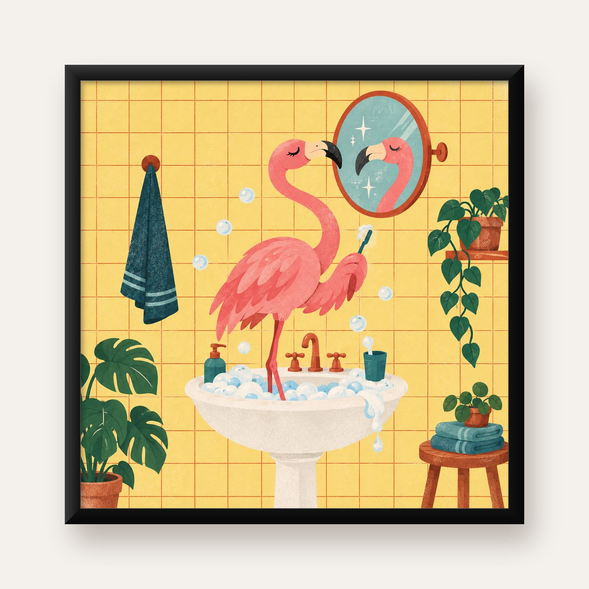 Diş Fırçalayan Flamingo - Mizahi Dijital Poster Baskı — Kare baskı, düz siyah çerçeveli duvar posteri