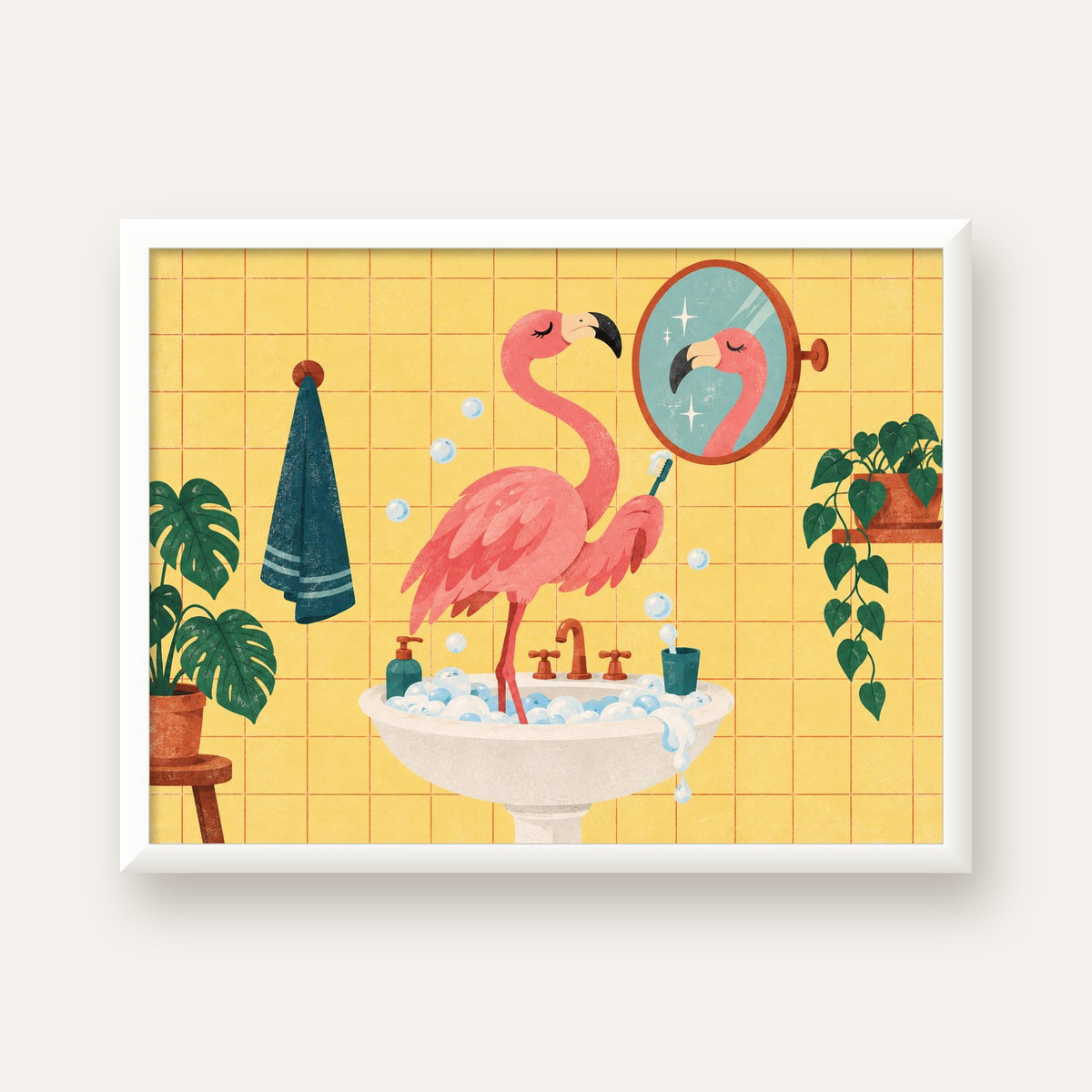 Diş Fırçalayan Flamingo - Mizahi Dijital Poster Baskı — beyaz çerçeveli yatay poster