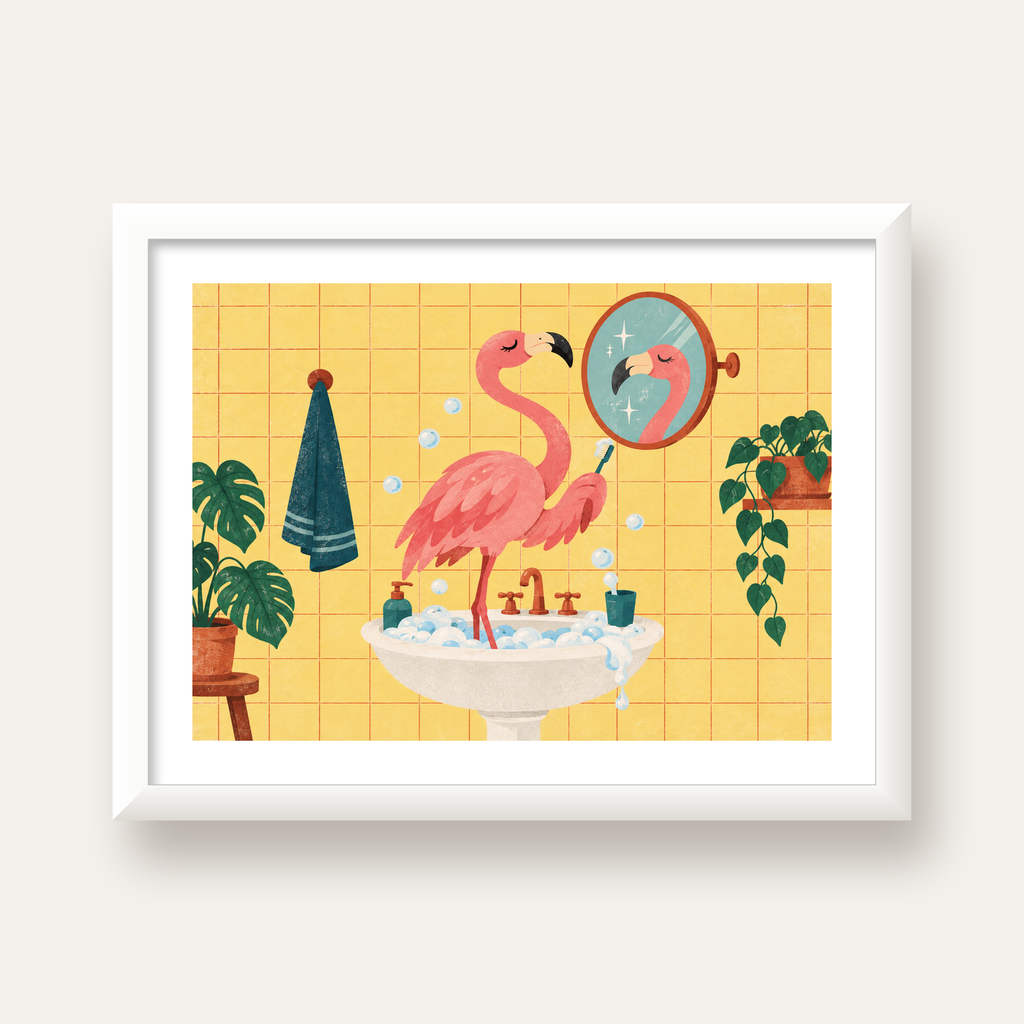 Diş Fırçalayan Flamingo - Mizahi Dijital Poster Baskı — beyaz çerçeveli yatay poster