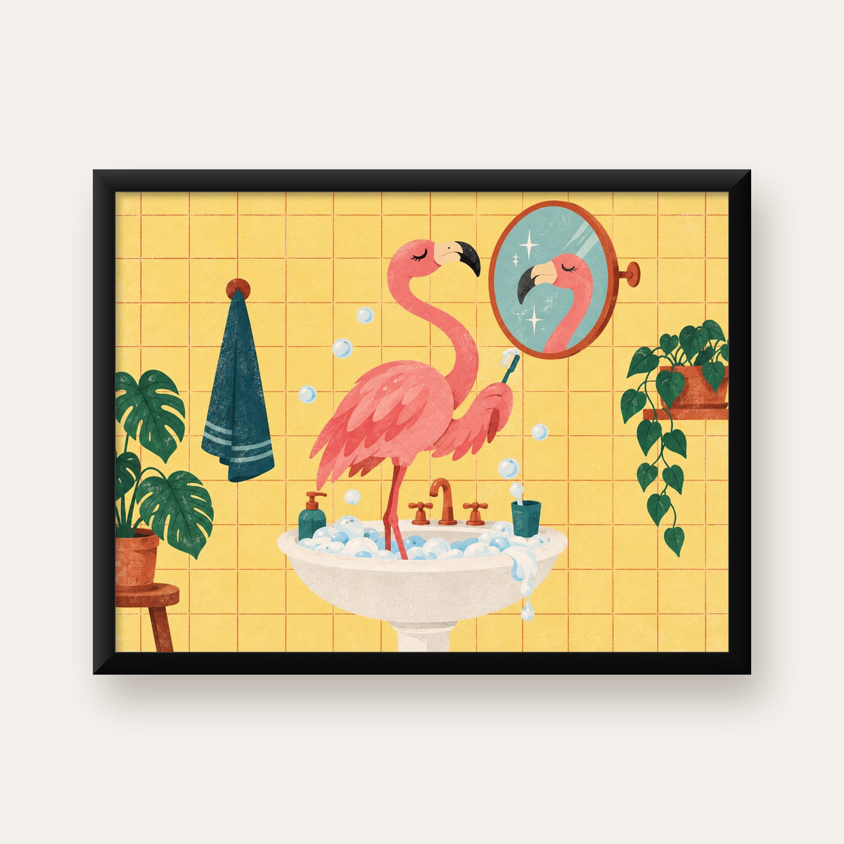 Diş Fırçalayan Flamingo - Mizahi Dijital Poster Baskı — Yatay baskı, düz siyah çerçeveli duvar posteri