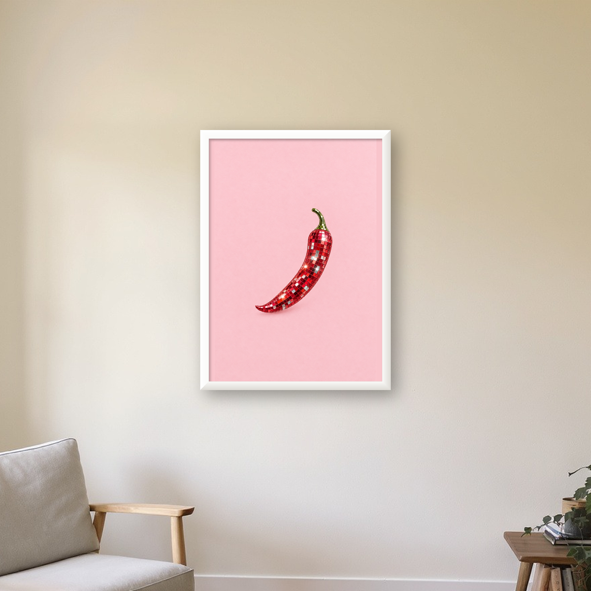 Disco Biber Poster – Dijital Kolaj Eğlenceli Duvar Dekoru — beyaz çerçeveli dikey poster