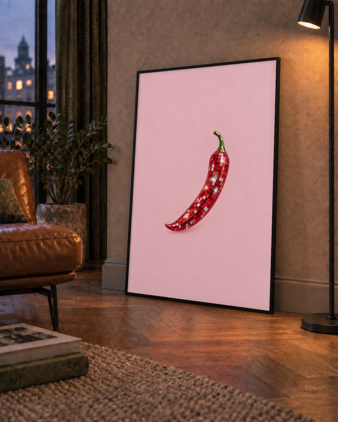 Disco Biber Poster – Dijital Kolaj Eğlenceli Duvar Dekoru — çerçeveli hâliyle bir ev duvarında