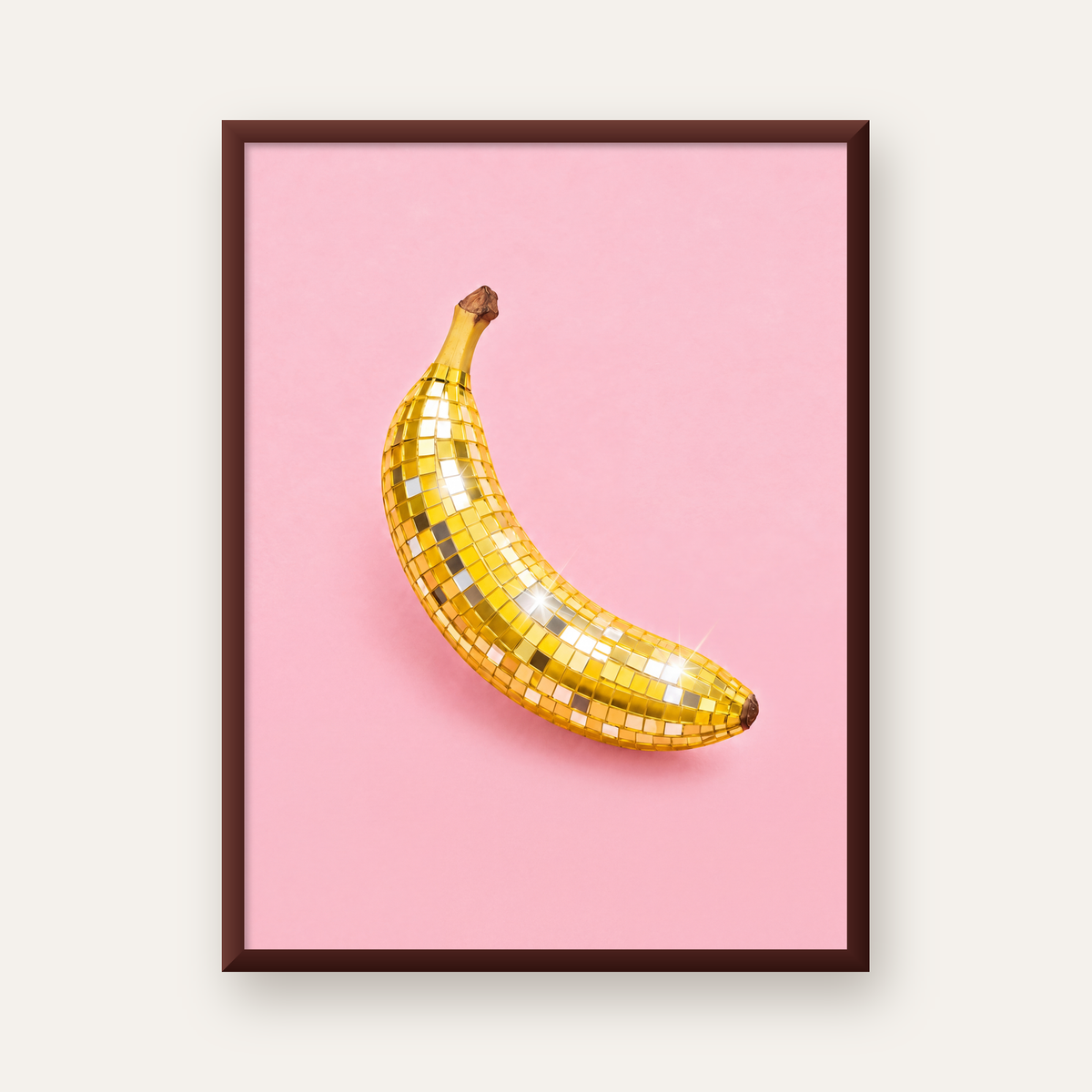 Disco Muzlu Pop Sanat Poster – Pembe Minimal Kolaj Baskı — ceviz çerçeveli
