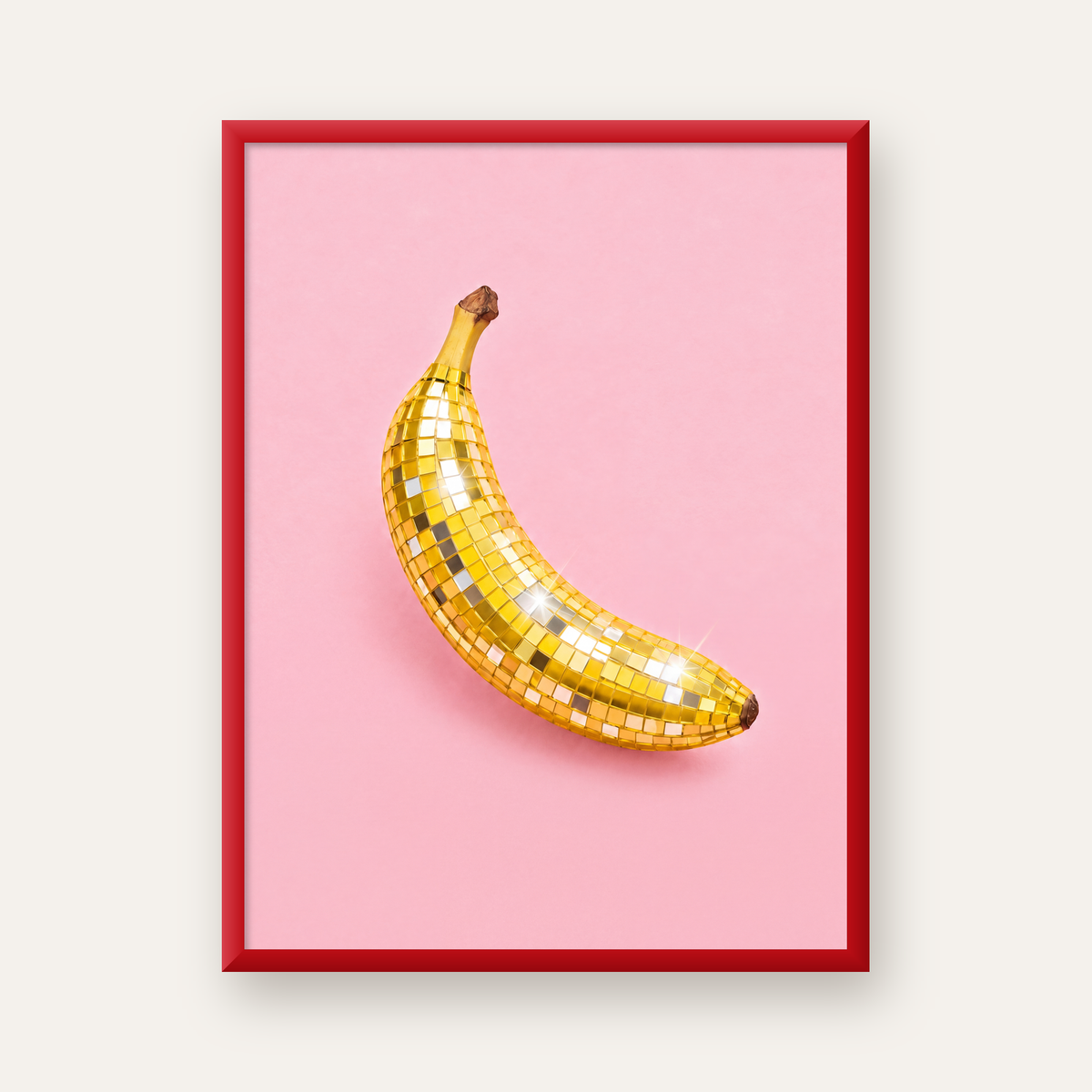 Disco Muzlu Pop Sanat Poster – Pembe Minimal Kolaj Baskı — kırmızı çerçeveli
