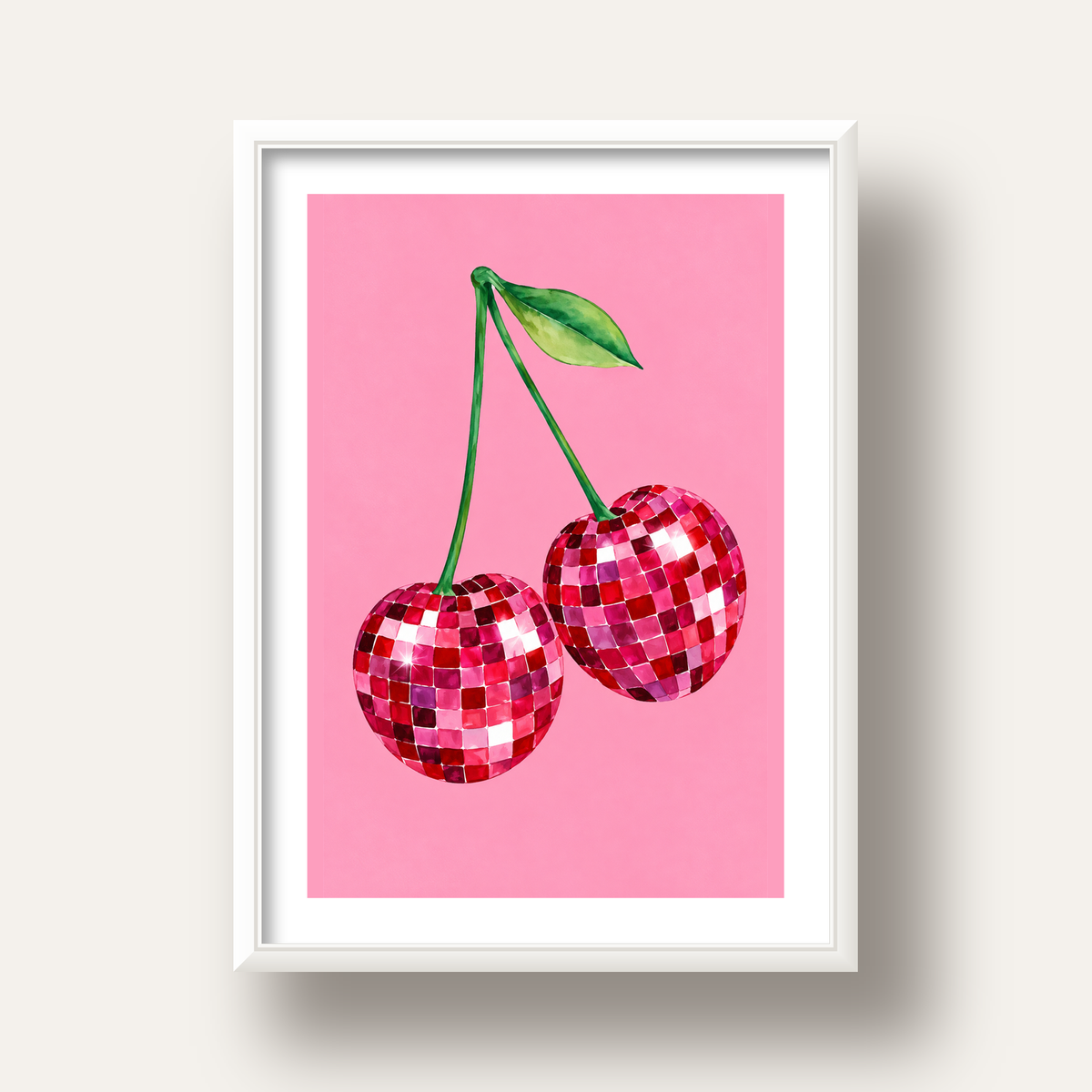 Disco Top Kiraz İllüstrasyonlu Modern Poster - Pembe Arka Plan — beyaz derin çerçeveli paspartulu