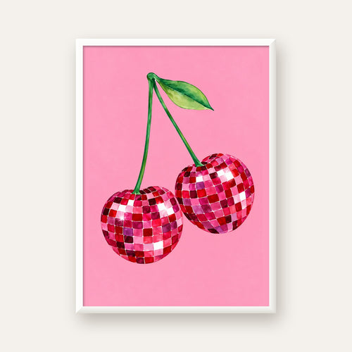 Disco Top Kiraz İllüstrasyonlu Modern Poster - Pembe Arka Plan — beyaz çerçeveli dikey poster