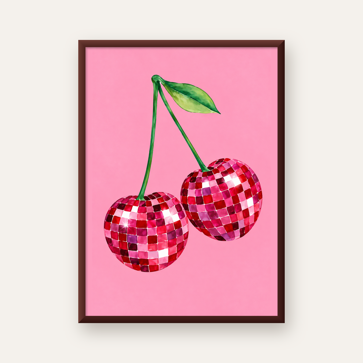 Disco Top Kiraz İllüstrasyonlu Modern Poster - Pembe Arka Plan — ceviz çerçeveli
