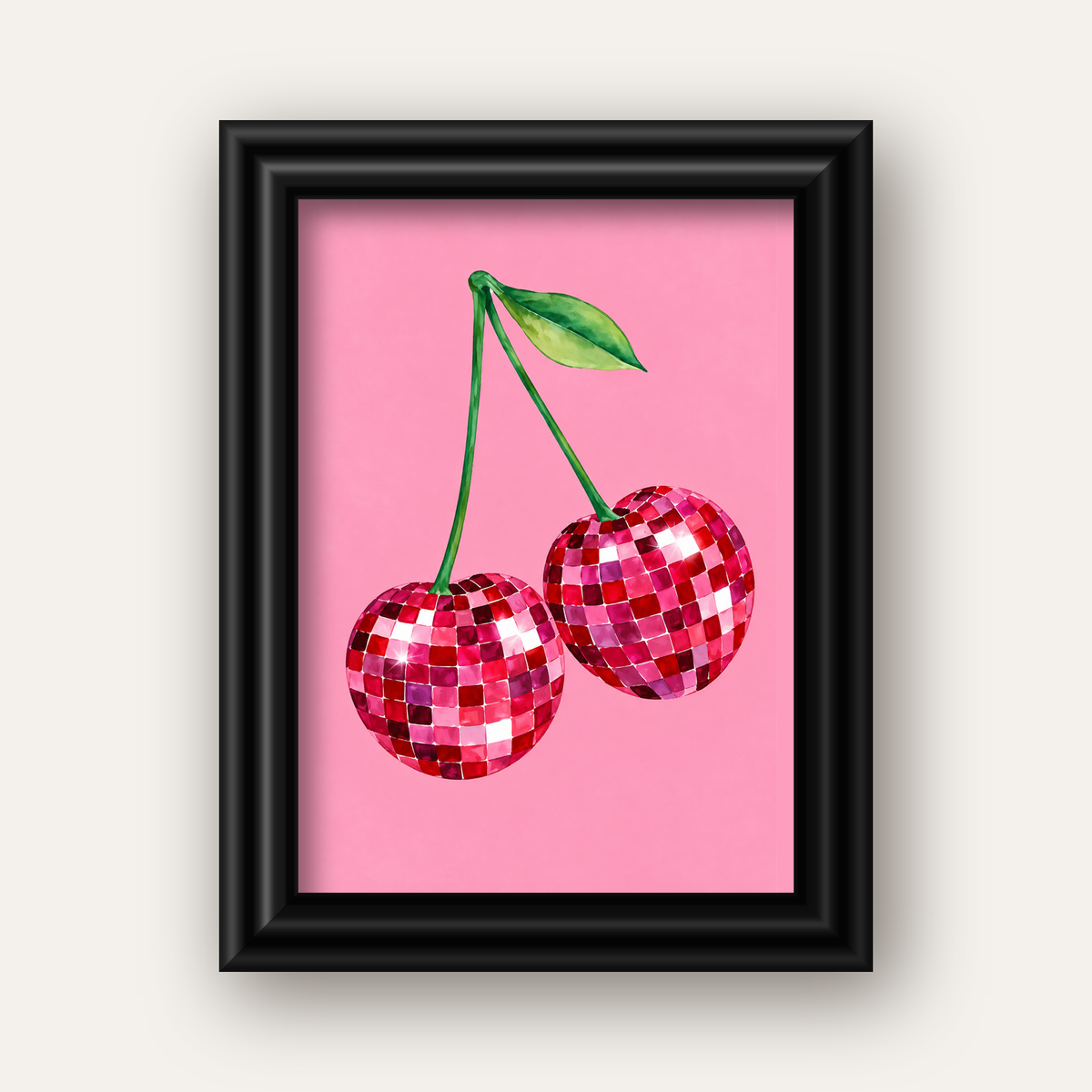 Disco Top Kiraz İllüstrasyonlu Modern Poster - Pembe Arka Plan — siyah galeri çerçeveli