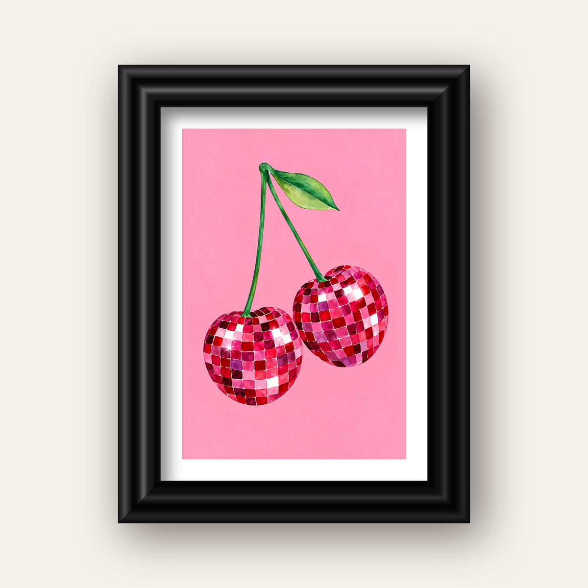 Disco Top Kiraz İllüstrasyonlu Modern Poster - Pembe Arka Plan — siyah galeri çerçeveli paspartulu