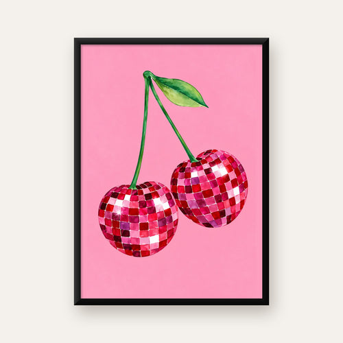 Disco Top Kiraz İllüstrasyonlu Modern Poster - Pembe Arka Plan — Dikey baskı, düz siyah çerçeveli duvar posteri