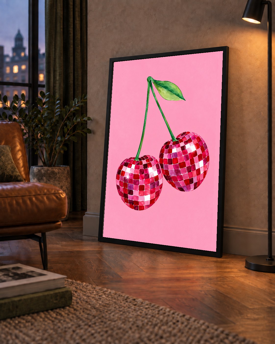 Disco Top Kiraz İllüstrasyonlu Modern Poster - Pembe Arka Plan