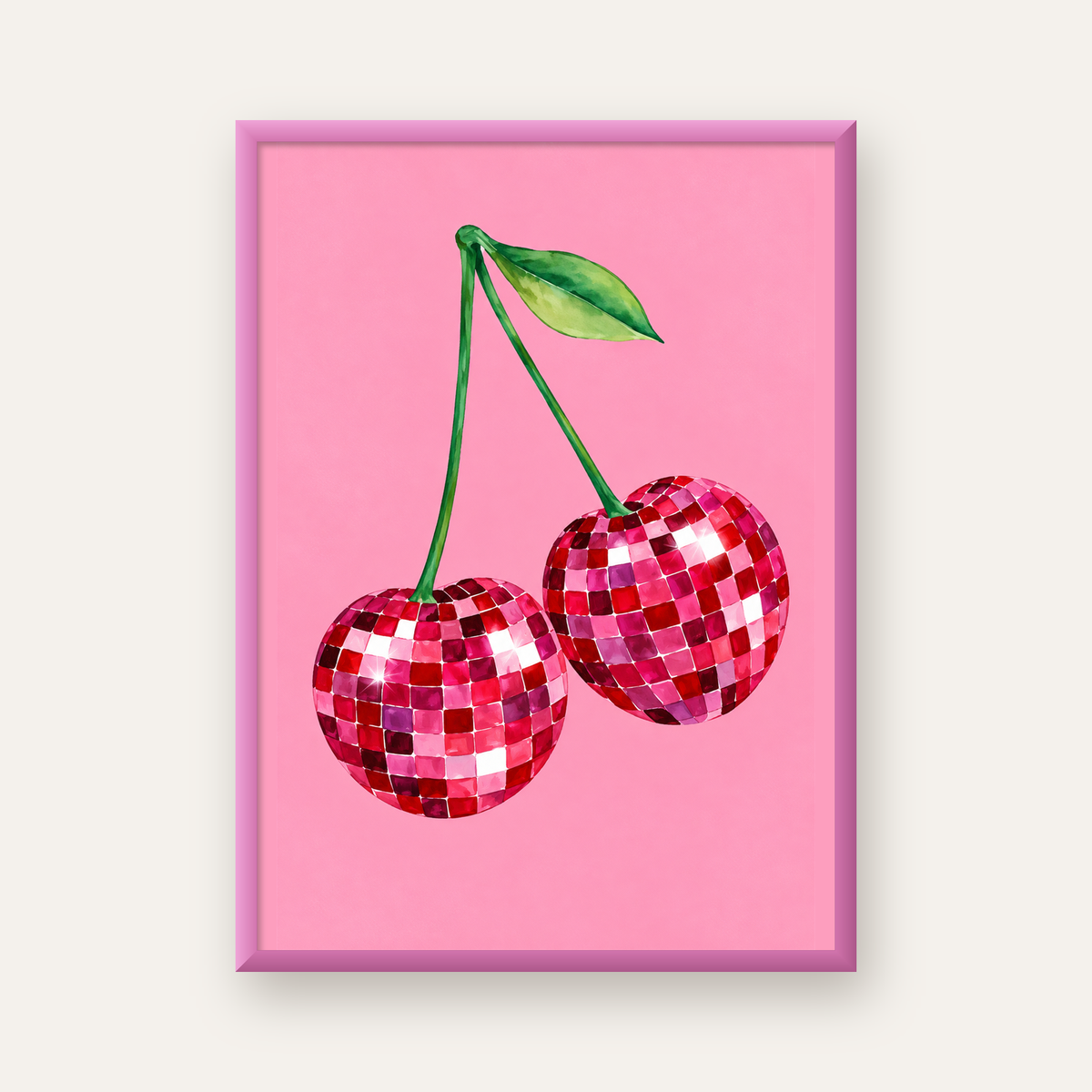 Disco Top Kiraz İllüstrasyonlu Modern Poster - Pembe Arka Plan — pembe çerçeveli