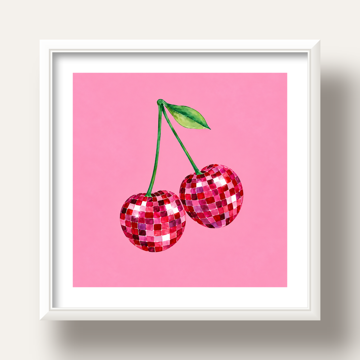 Disco Top Kiraz İllüstrasyonlu Modern Poster - Pembe Arka Plan — beyaz derin çerçeveli paspartulu