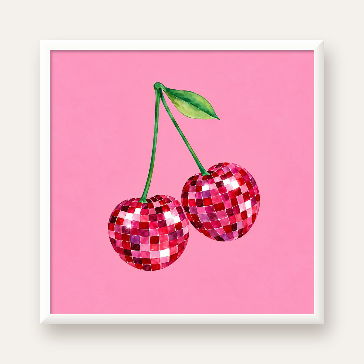 Disco Top Kiraz İllüstrasyonlu Modern Poster - Pembe Arka Plan — beyaz çerçeveli kare poster