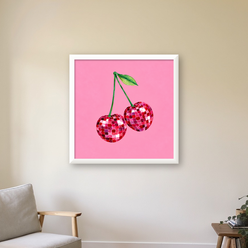 Disco Top Kiraz İllüstrasyonlu Modern Poster - Pembe Arka Plan — beyaz çerçeveli kare poster