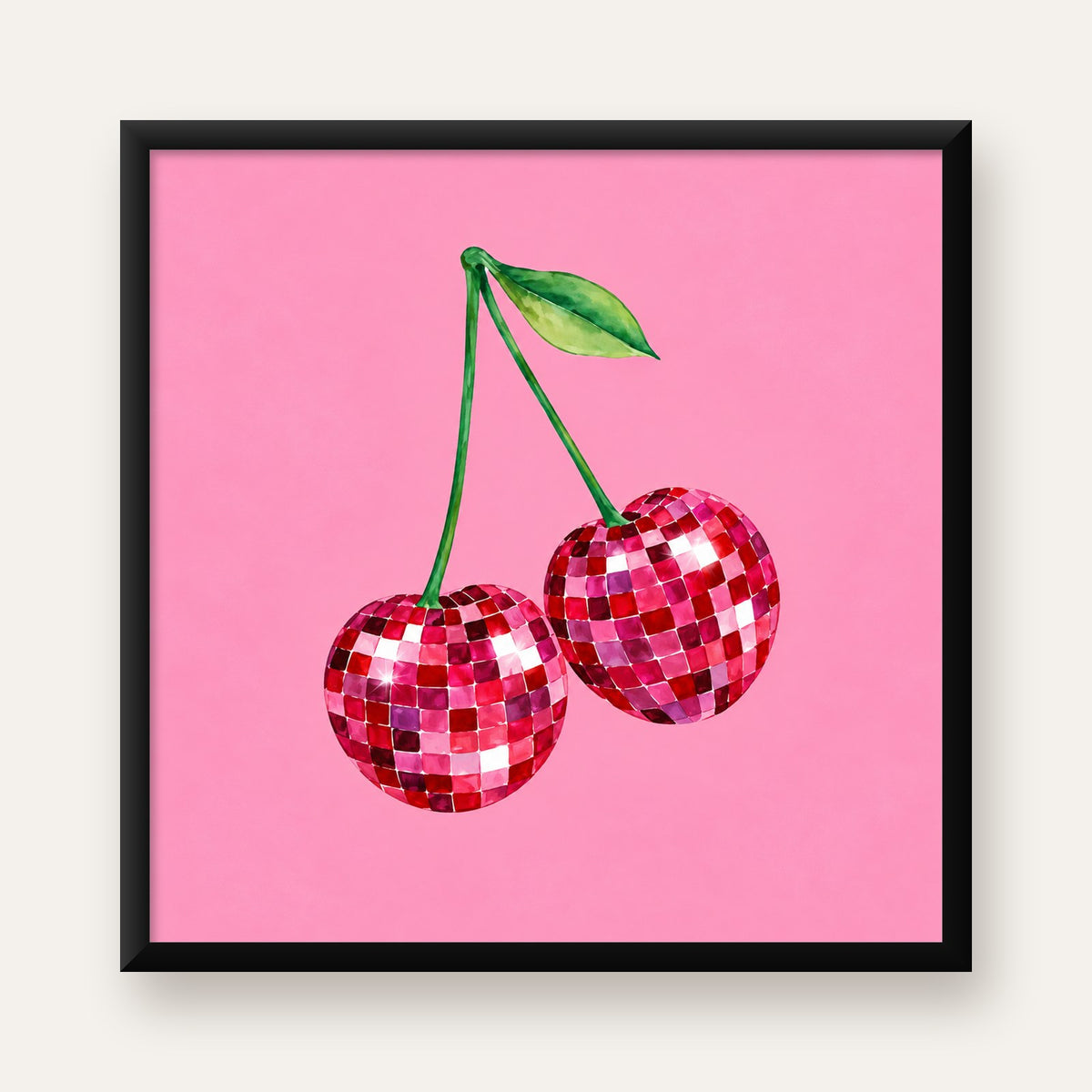 Disco Top Kiraz İllüstrasyonlu Modern Poster - Pembe Arka Plan — Kare baskı, düz siyah çerçeveli duvar posteri