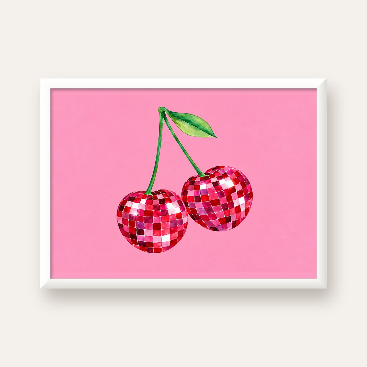 Disco Top Kiraz İllüstrasyonlu Modern Poster - Pembe Arka Plan — beyaz çerçeveli yatay poster