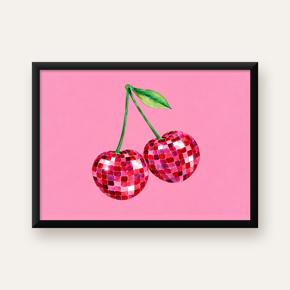 Disco Top Kiraz İllüstrasyonlu Modern Poster - Pembe Arka Plan — Yatay baskı, düz siyah çerçeveli duvar posteri