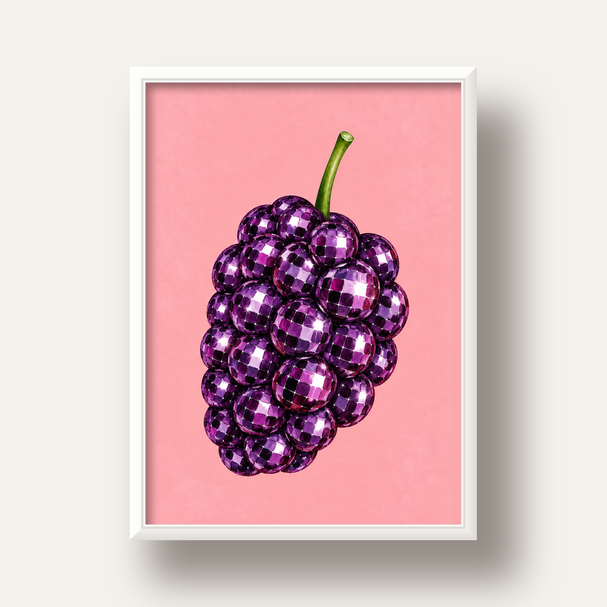 Disco Toplu Böğürtlen Poster – Pembe Zeminde Pop Art Duvar Dekoru — beyaz derin çerçeveli