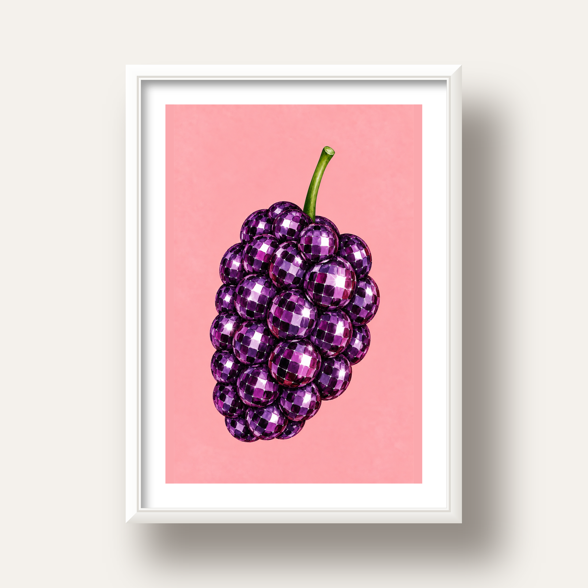 Disco Toplu Böğürtlen Poster – Pembe Zeminde Pop Art Duvar Dekoru — beyaz derin çerçeveli paspartulu
