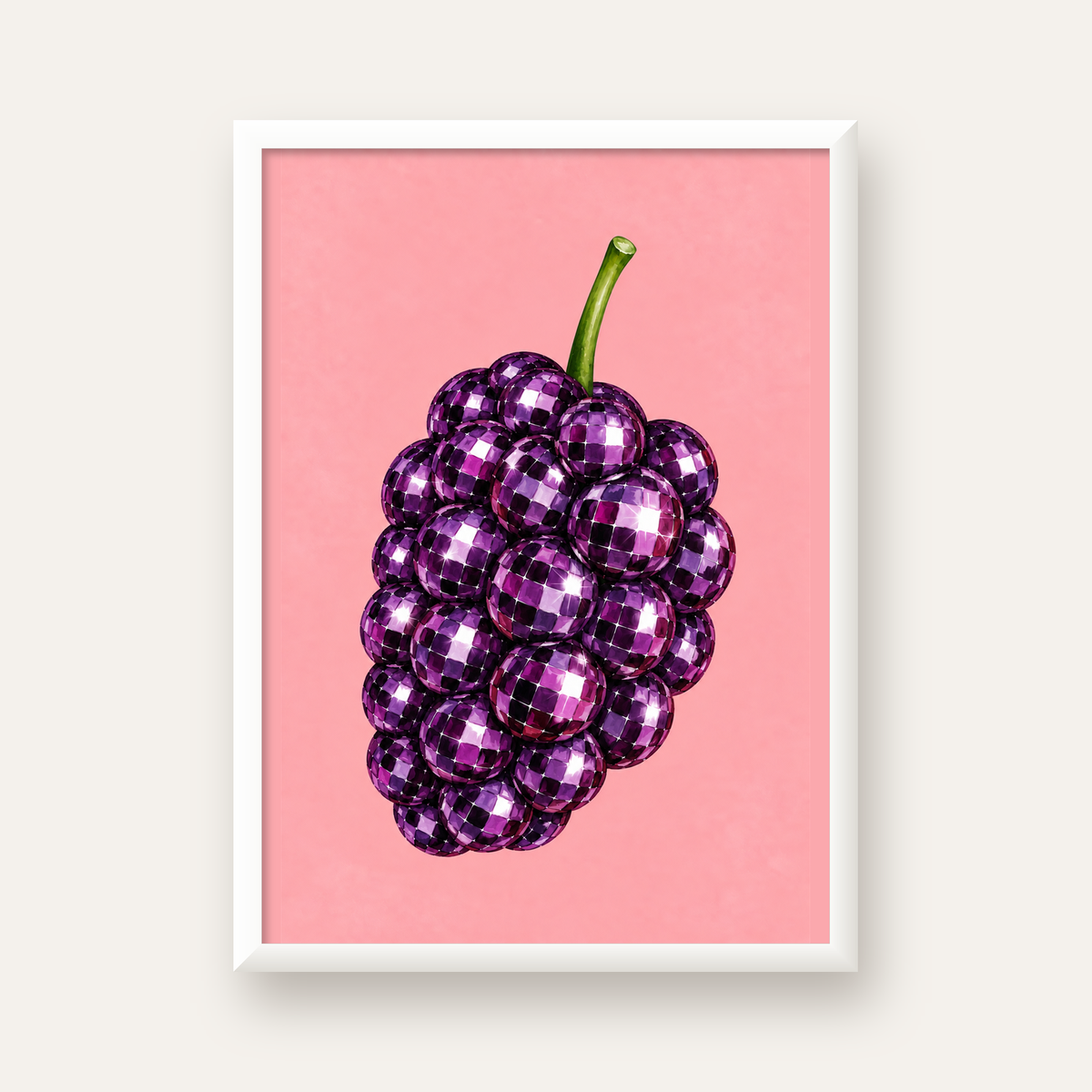 Disco Toplu Böğürtlen Poster – Pembe Zeminde Pop Art Duvar Dekoru — beyaz çerçeveli dikey poster