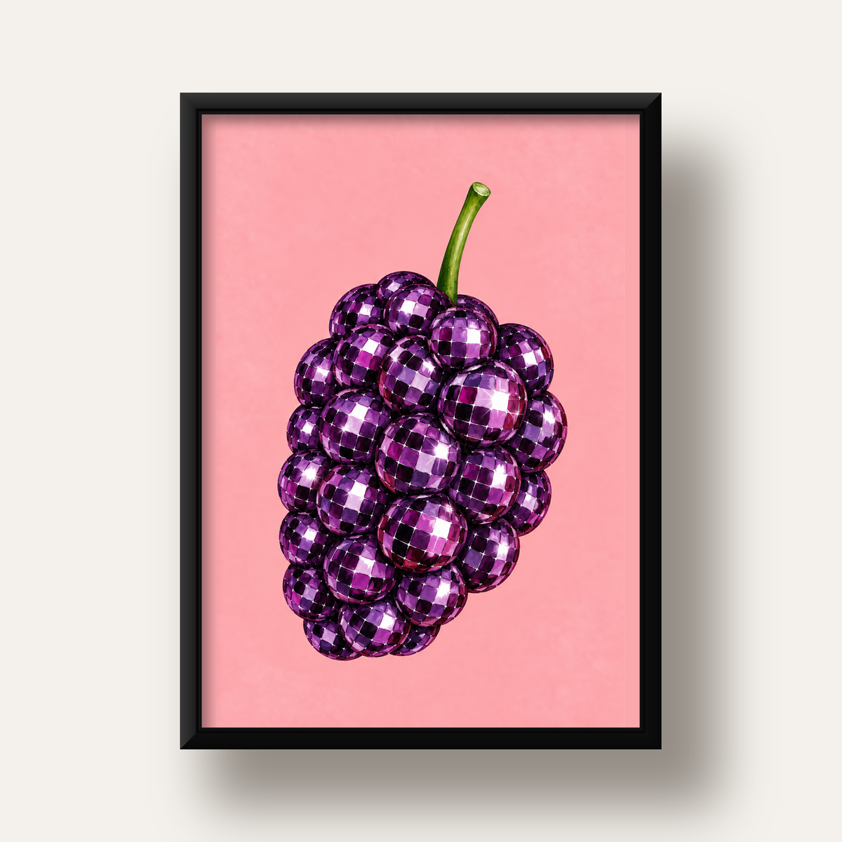 Disco Toplu Böğürtlen Poster – Pembe Zeminde Pop Art Duvar Dekoru — siyah derin çerçeveli