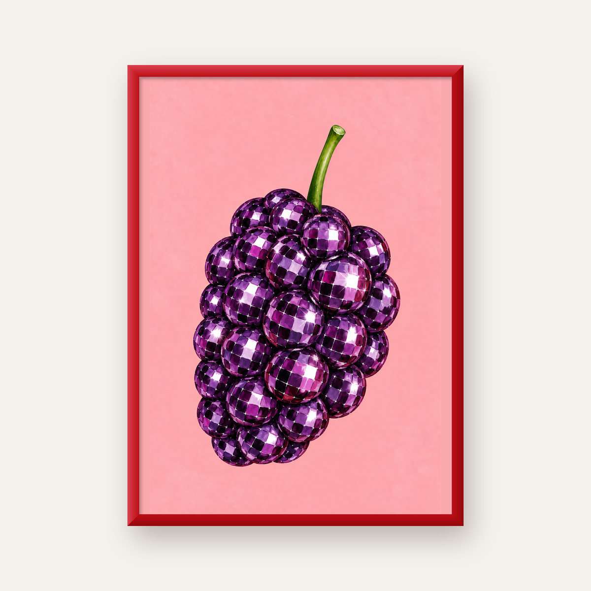 Disco Toplu Böğürtlen Poster – Pembe Zeminde Pop Art Duvar Dekoru — kırmızı çerçeveli