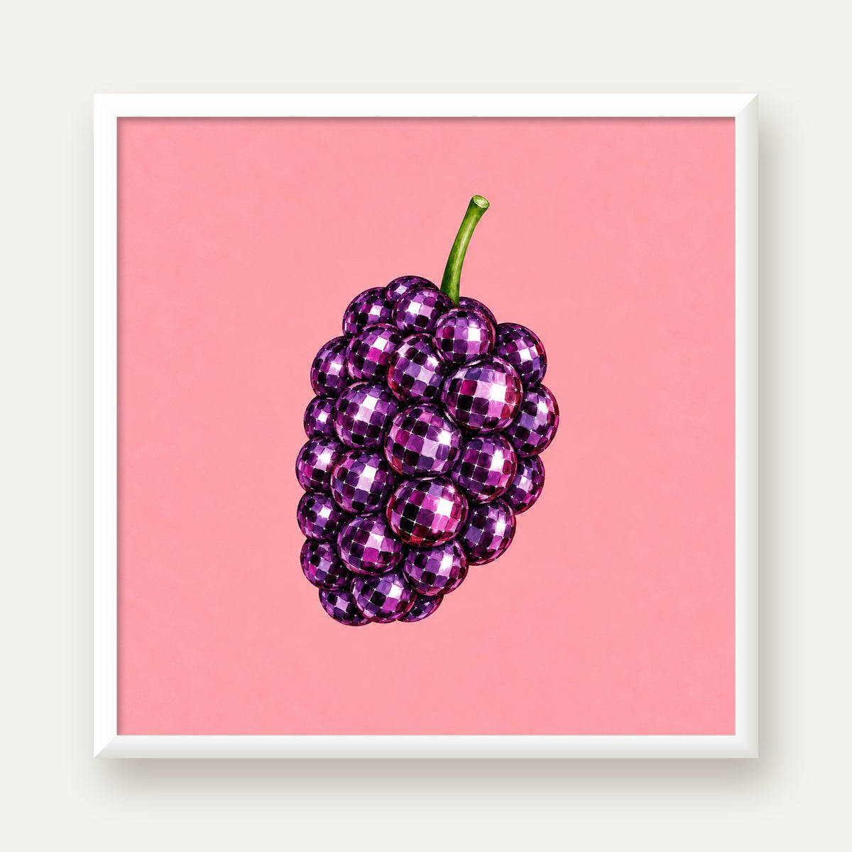 Disco Toplu Böğürtlen Poster – Pembe Zeminde Pop Art Duvar Dekoru — beyaz çerçeveli kare poster