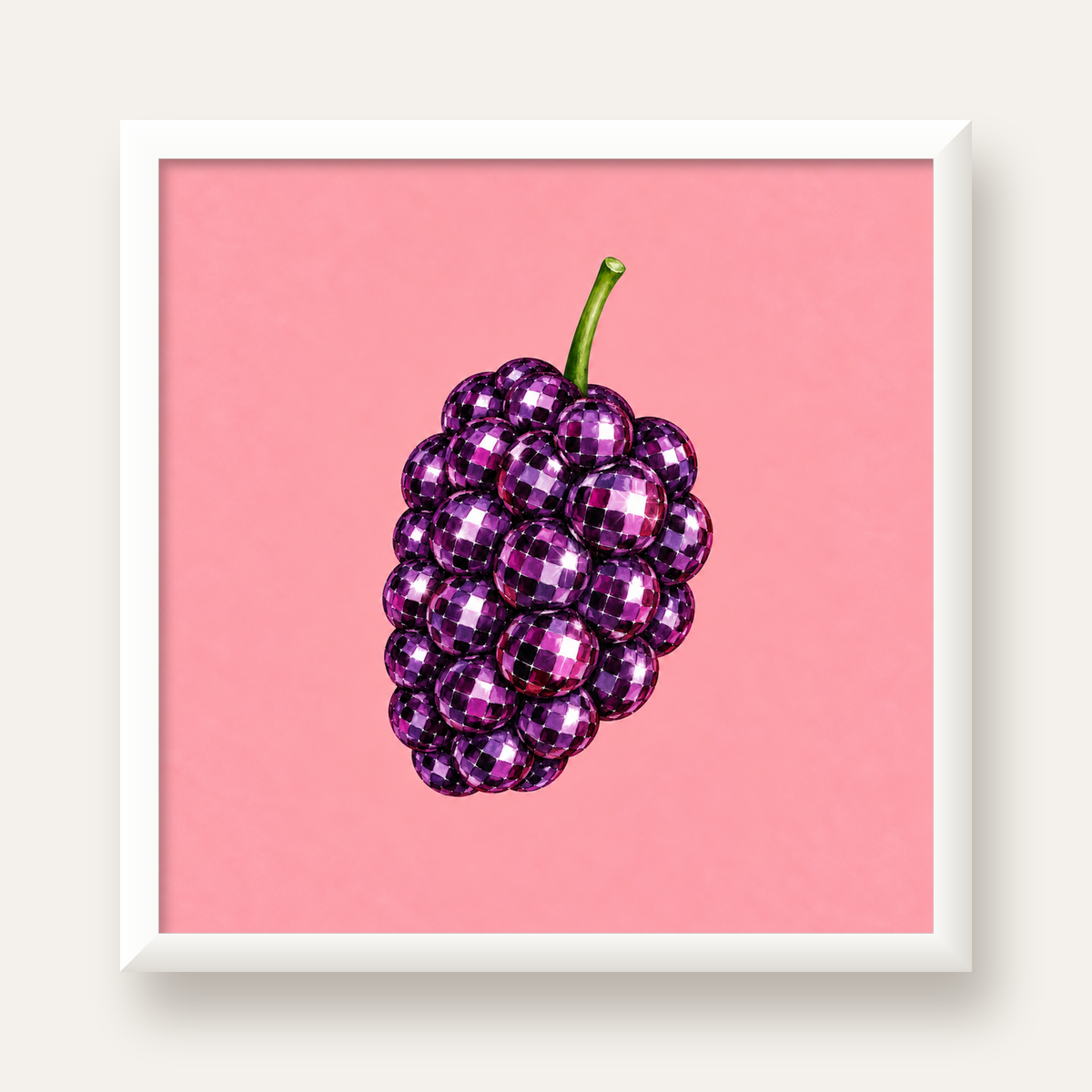 Disco Toplu Böğürtlen Poster – Pembe Zeminde Pop Art Duvar Dekoru — beyaz çerçeveli kare poster