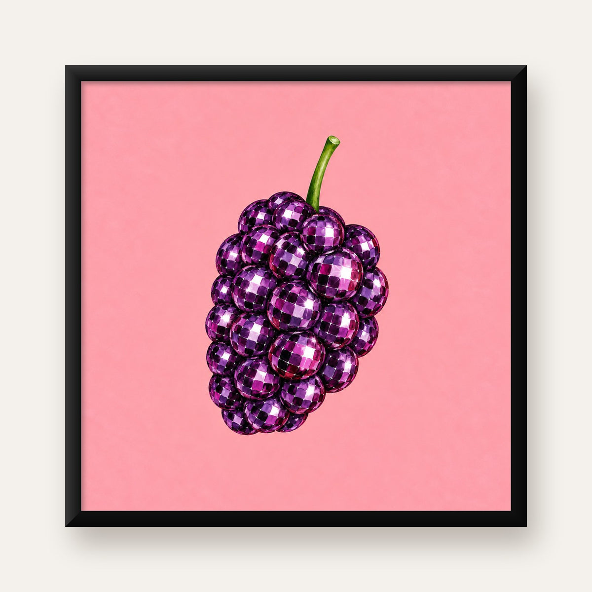 Disco Toplu Böğürtlen Poster – Pembe Zeminde Pop Art Duvar Dekoru — Kare baskı, düz siyah çerçeveli duvar posteri